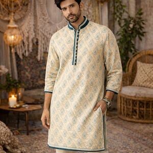 Prince Majestic Bollywood Indie Teal Green and Beige Men’s Traditional Kurta LG